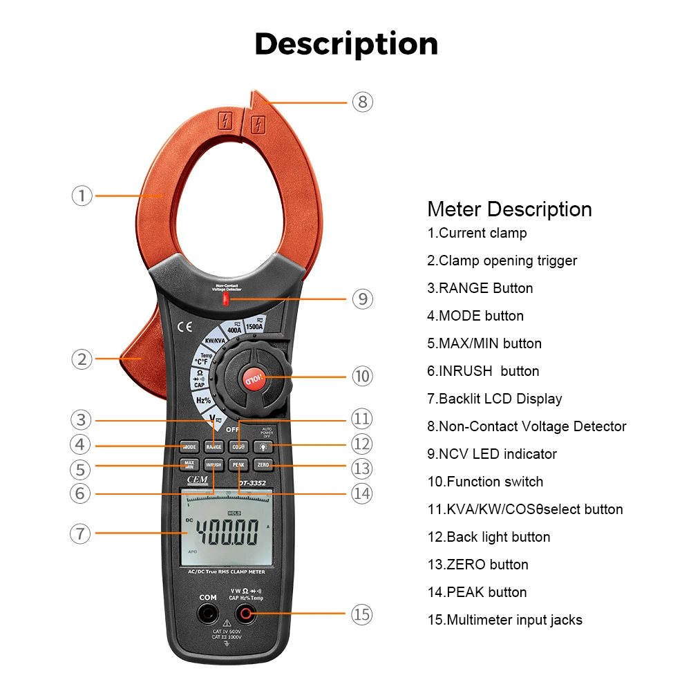 CEM DT-3352 40000 Counts 1500A ACD Chighvoltage Clamp Meter With Inrush Current Function CEM DT-3352 40000 Counts 1500A ACD Chighvoltage Clamp Meter With Inrush Current Function